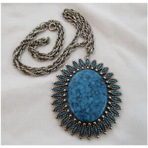 JJ Jonette Signed Vintage SilverTone Faux Turquoise Necklace 23" Chain Zuni Vibe